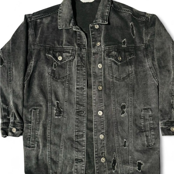 Acid Washed Charcoal Distressed Denim Grunge Jacket - Picture 2 of 8
